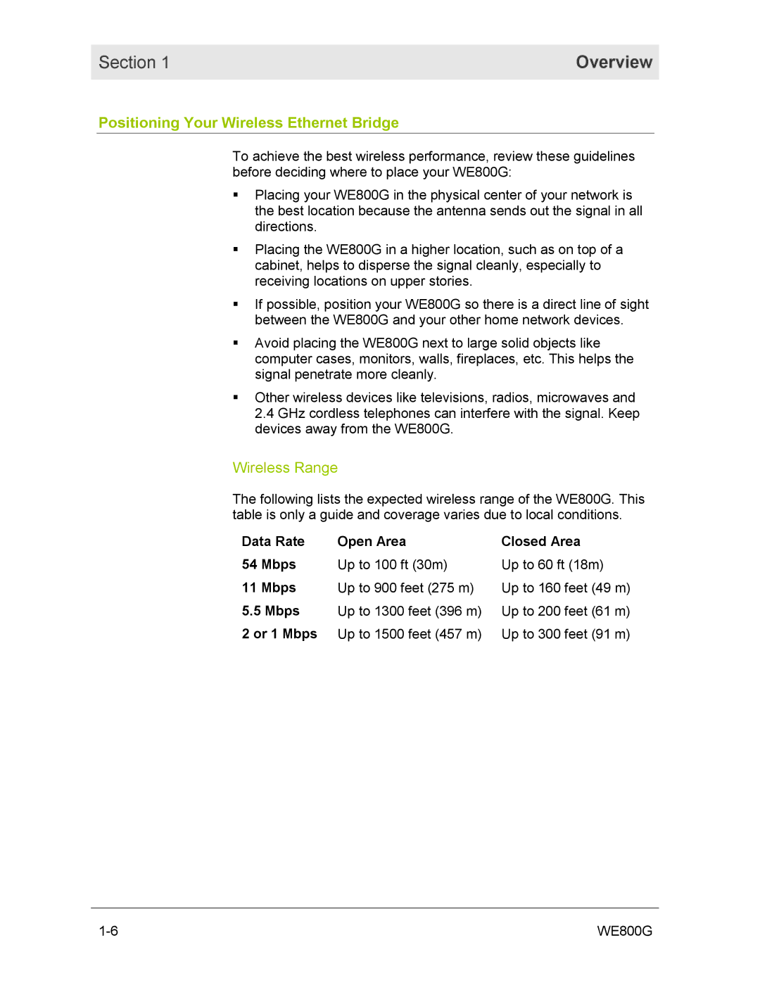 Motorola WE800G manual Positioning Your Wireless Ethernet Bridge, Wireless Range, Closed Area 