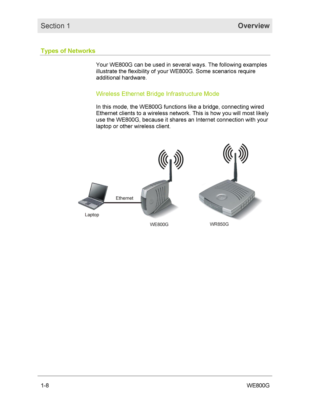 Motorola WE800G manual Types of Networks, Wireless Ethernet Bridge Infrastructure Mode 