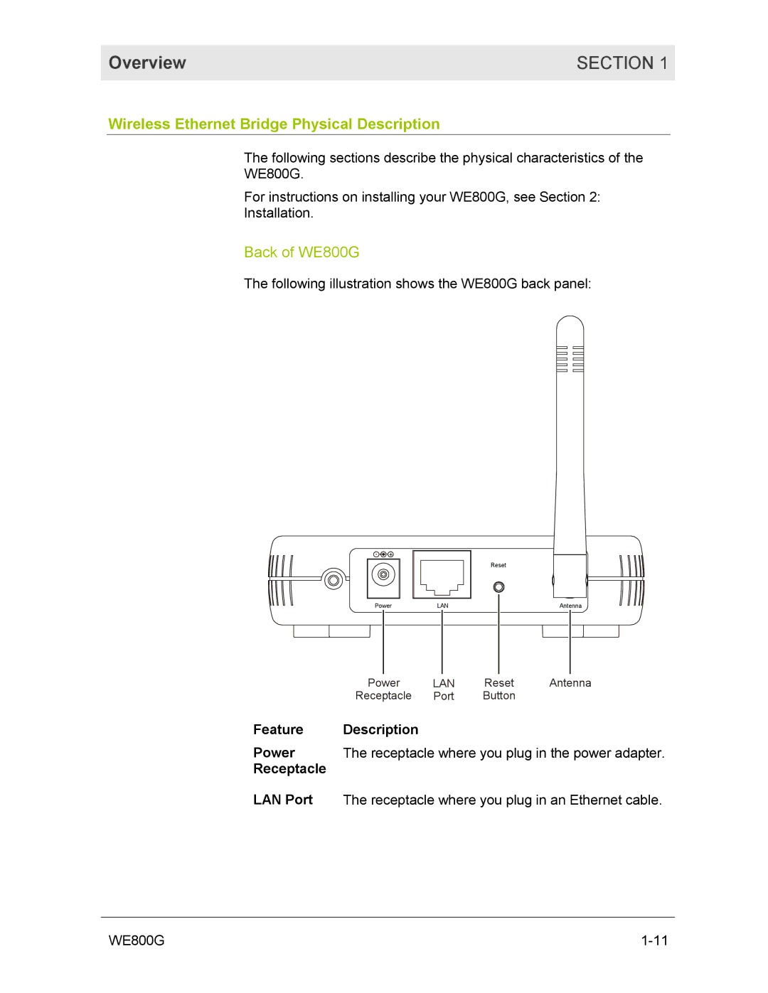 Motorola manual Wireless Ethernet Bridge Physical Description, Back of WE800G 