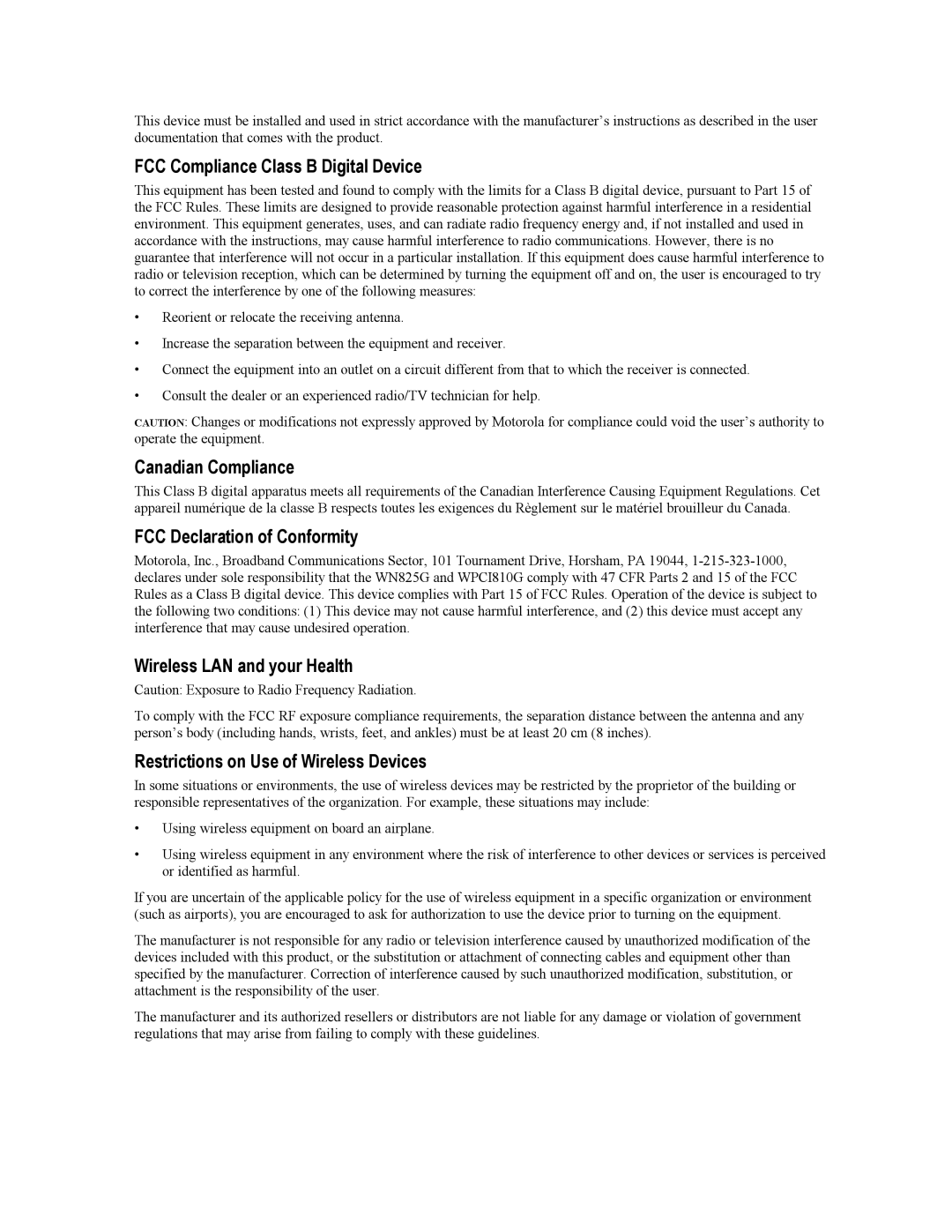 Motorola WE800G manual FCC Compliance Class B Digital Device 