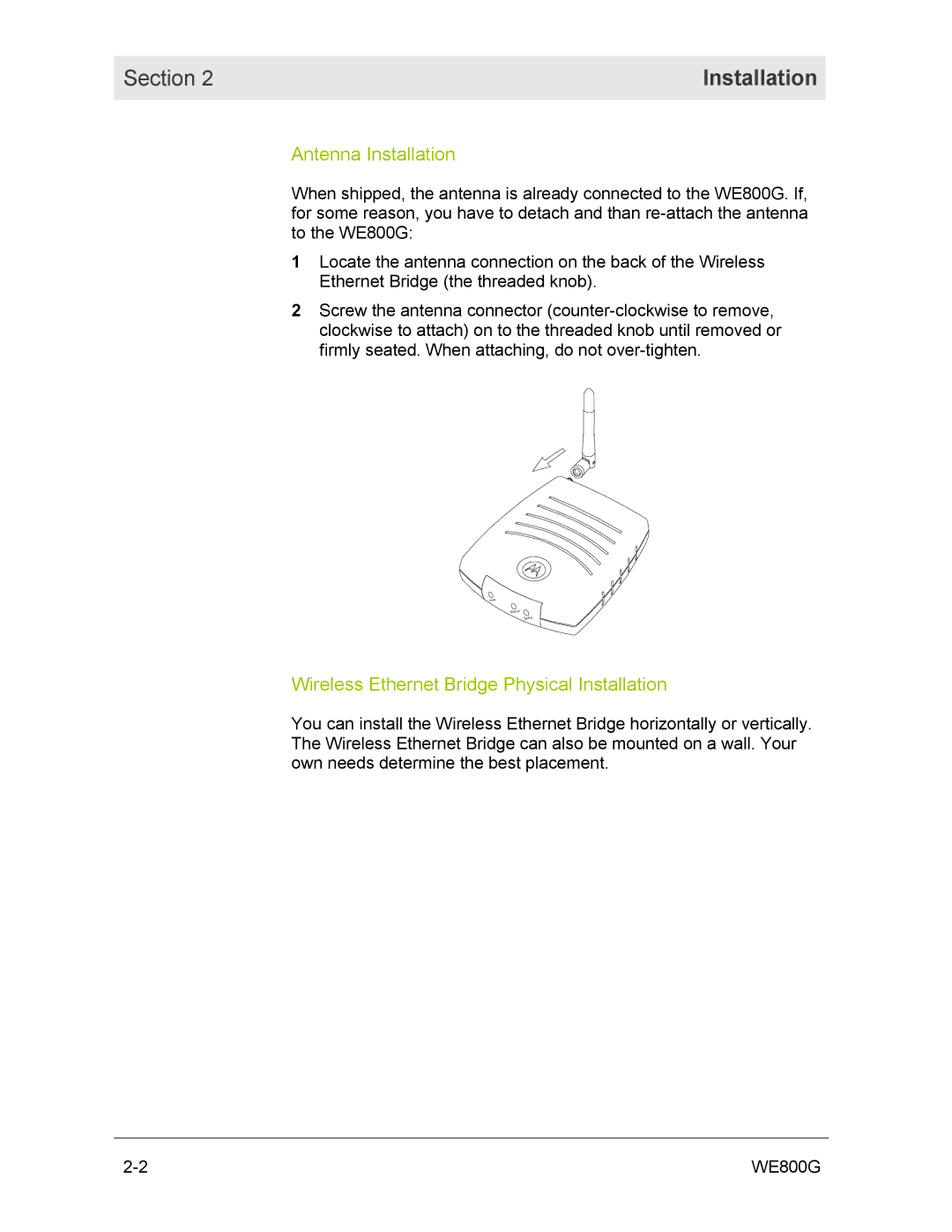 Motorola WE800G manual Antenna Installation, Wireless Ethernet Bridge Physical Installation 