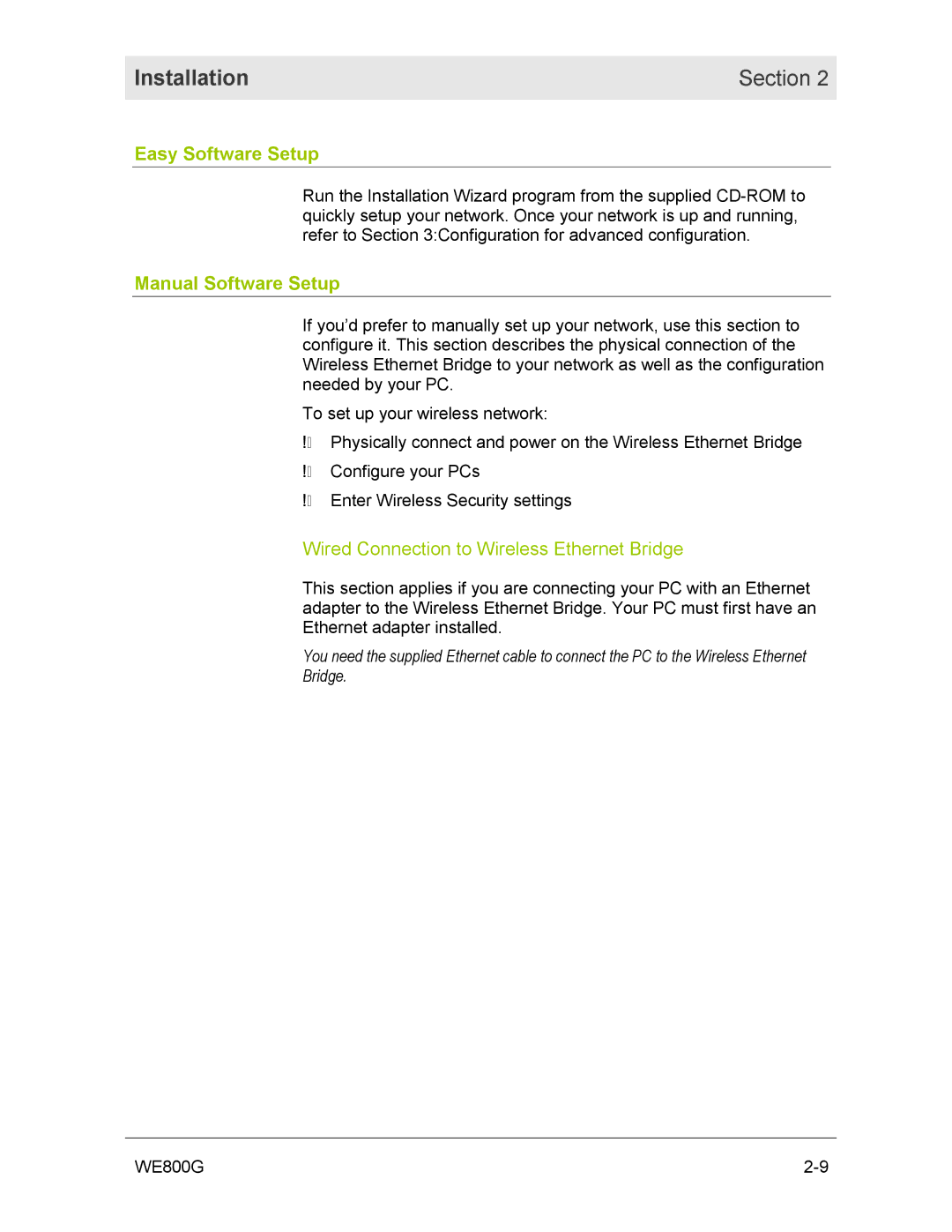 Motorola WE800G manual Easy Software Setup, Manual Software Setup, Wired Connection to Wireless Ethernet Bridge 