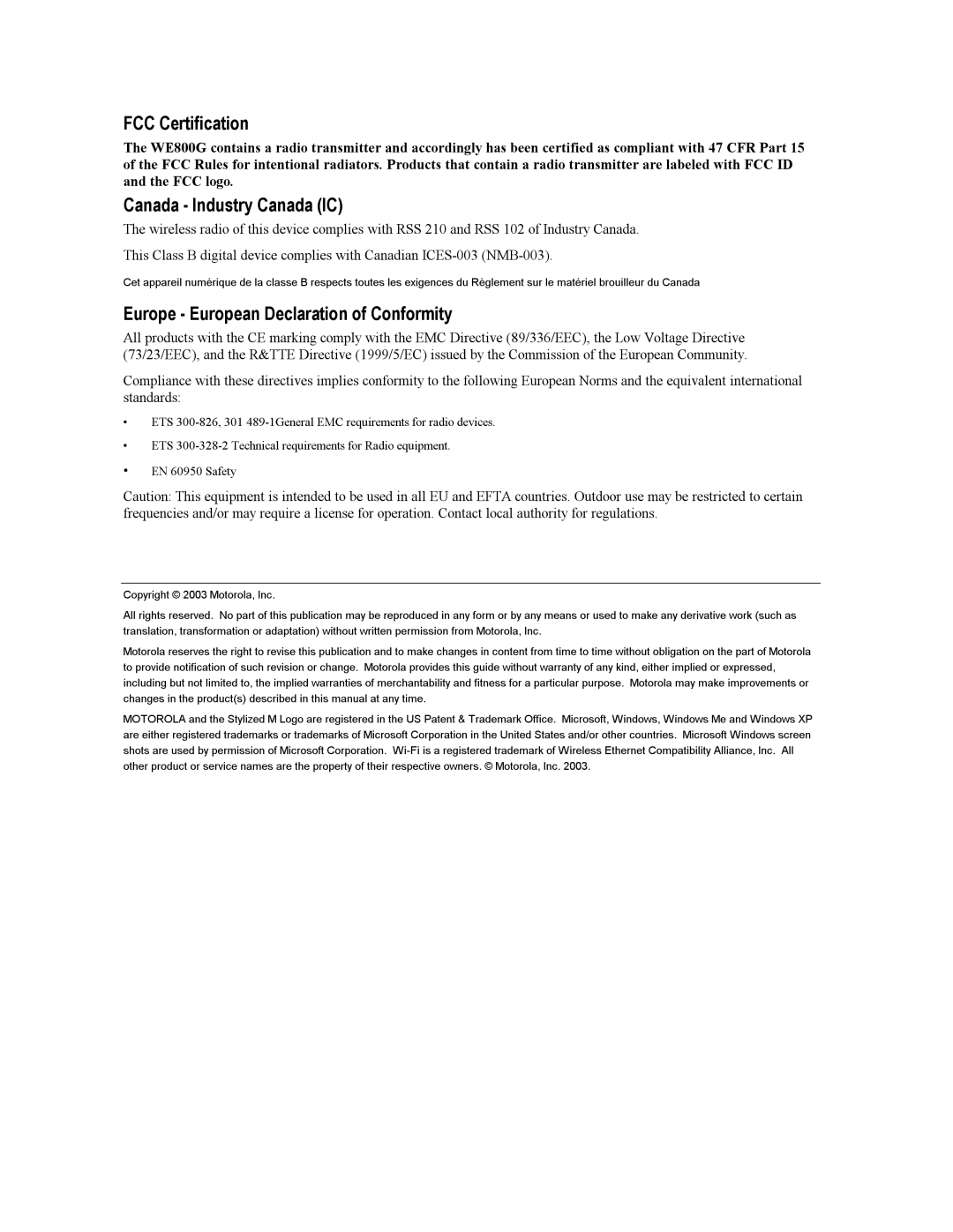 Motorola WE800G manual FCC Certification 