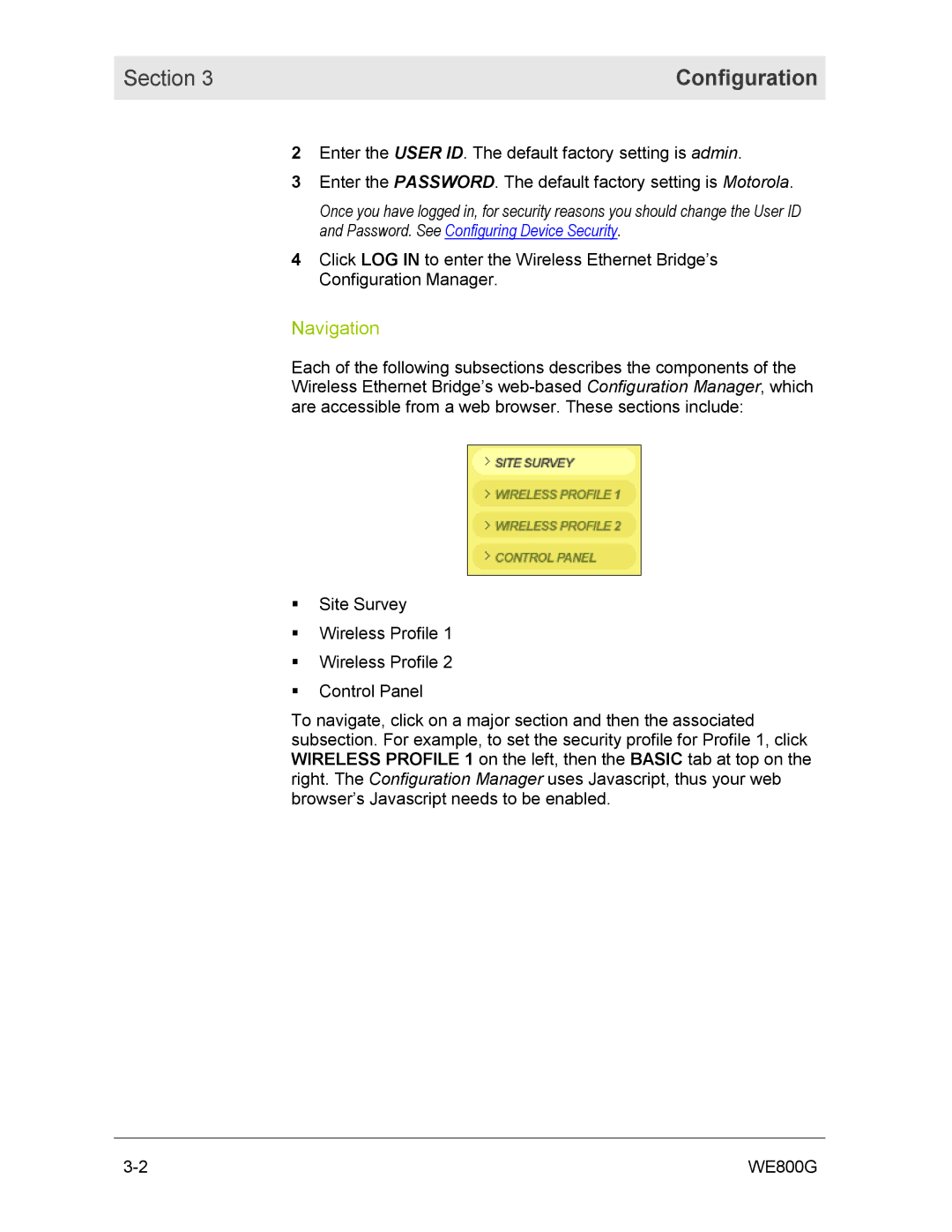 Motorola WE800G manual Configuration, Navigation 