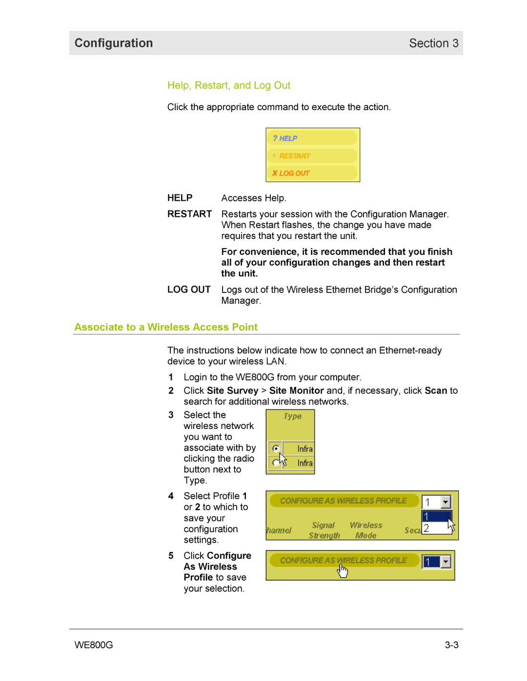 Motorola WE800G Configuration Section, Help, Restart, and Log Out, Associate to a Wireless Access Point, Click Configure 