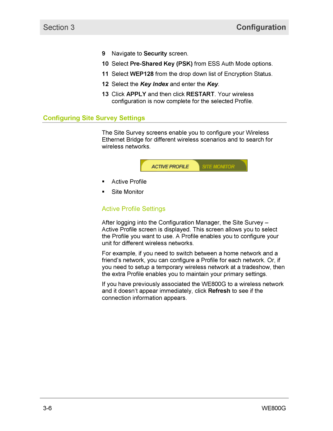 Motorola WE800G manual Configuring Site Survey Settings, Active Profile Settings 