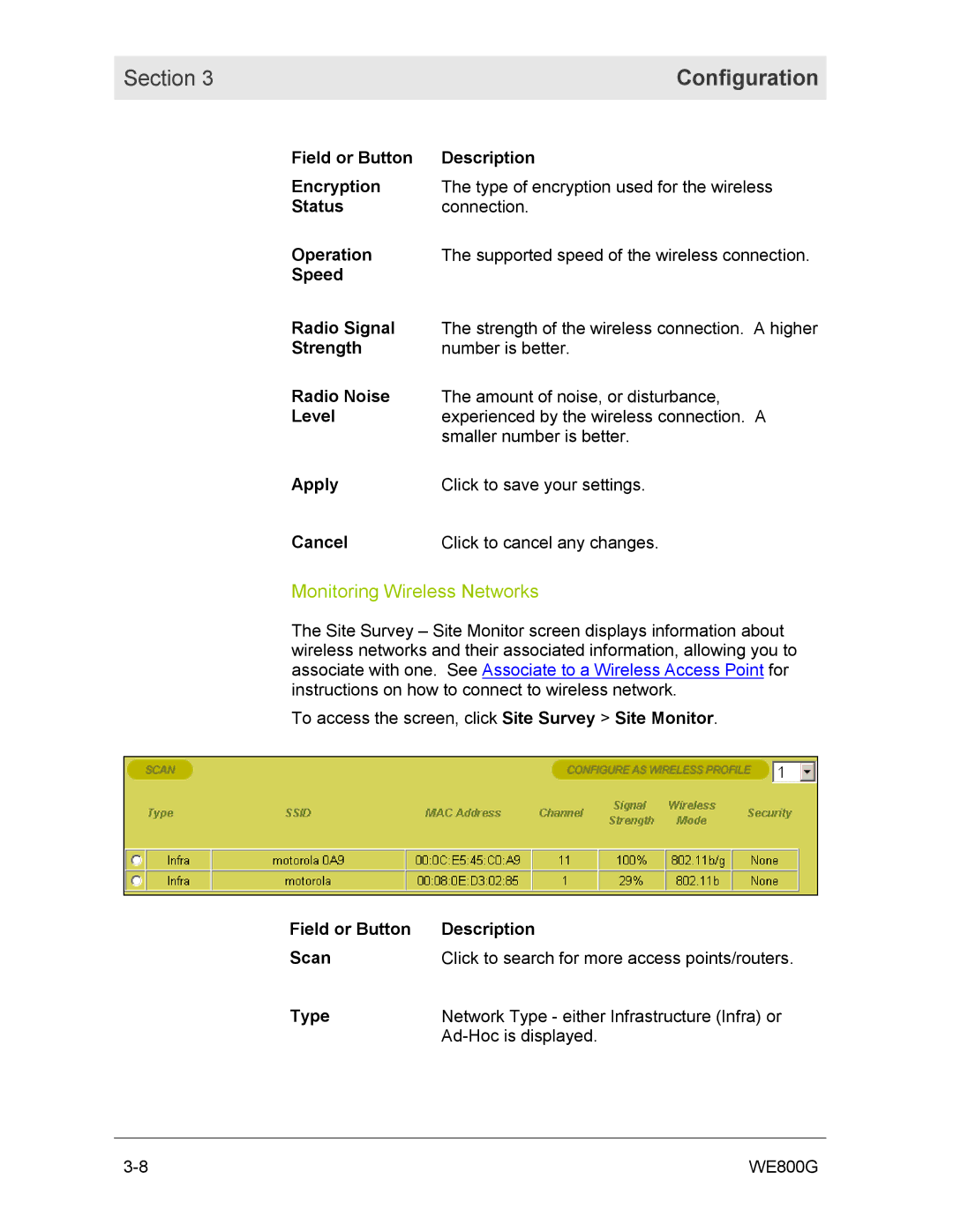 Motorola WE800G manual Section Configuration, Monitoring Wireless Networks, Field or Button Description Scan 