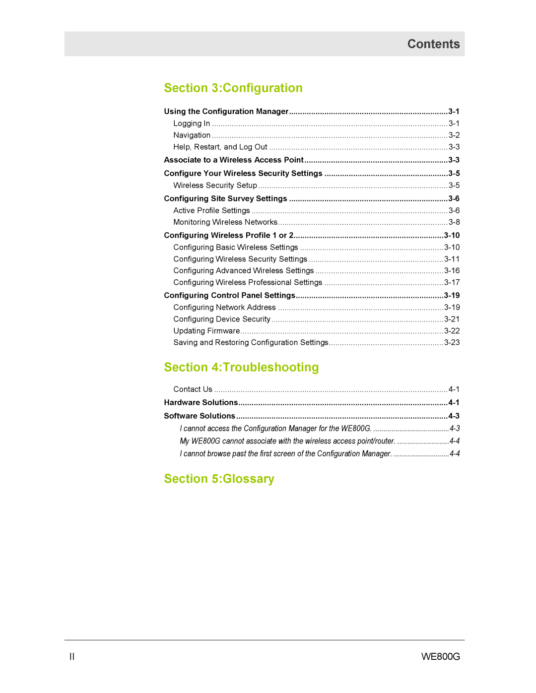 Motorola WE800G manual Contents, Configuration 