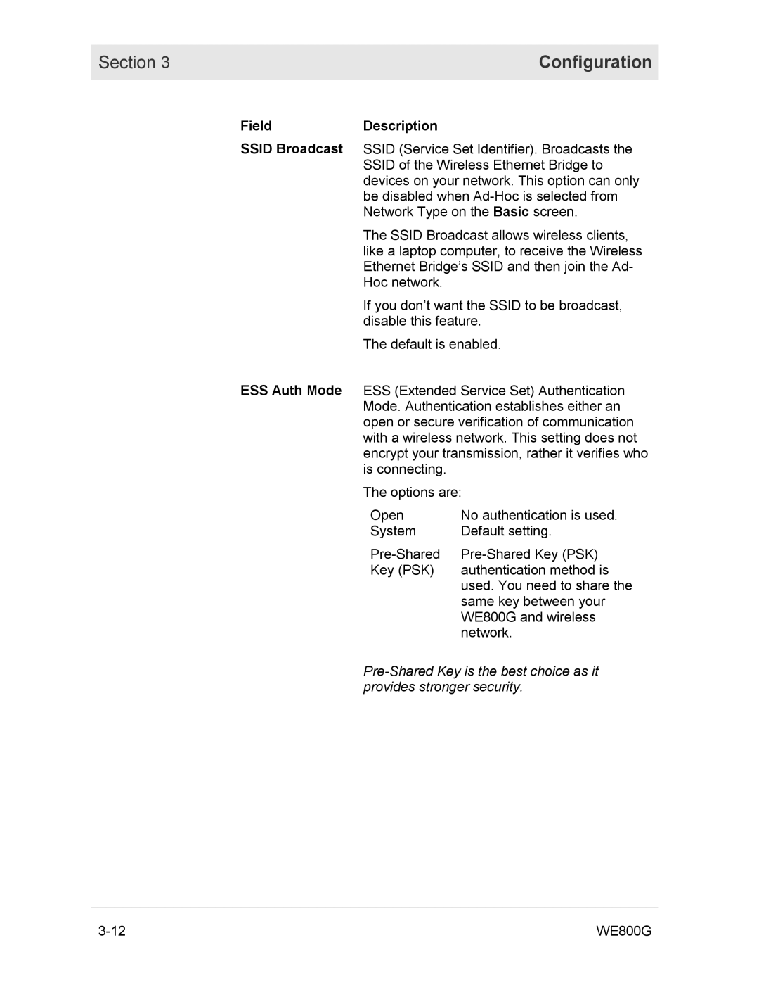 Motorola WE800G manual FieldDescription 