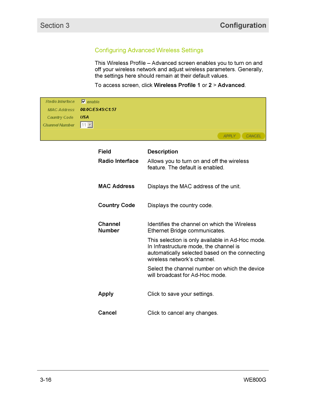 Motorola WE800G manual Configuring Advanced Wireless Settings, Field Description Radio Interface, MAC Address, Country Code 