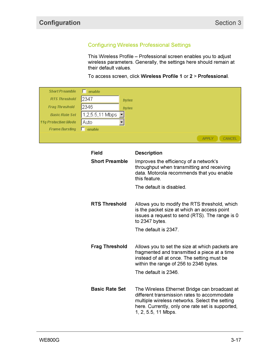 Motorola WE800G manual Configuring Wireless Professional Settings 