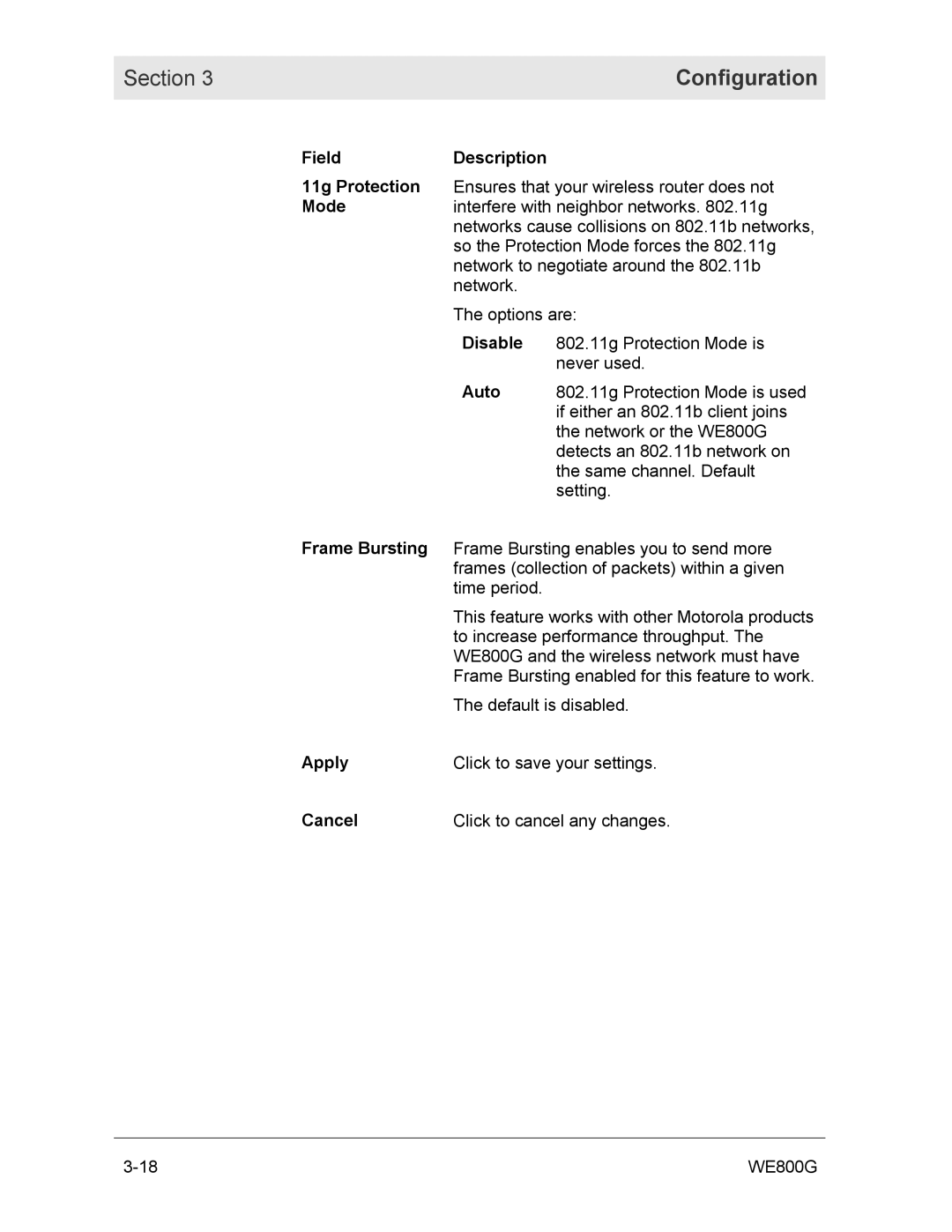 Motorola WE800G manual Field Description 11g Protection, Disable, Auto, Frame Bursting 