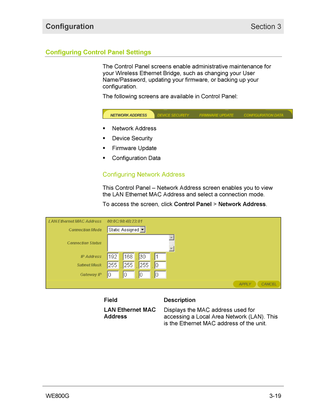 Motorola WE800G manual Configuring Control Panel Settings, Configuring Network Address 