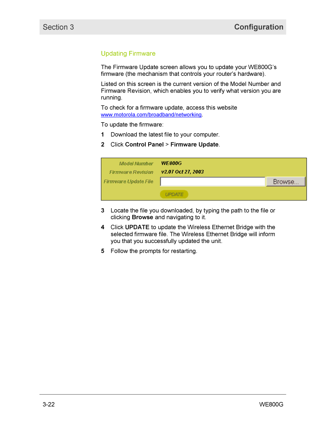 Motorola WE800G manual Updating Firmware, Click Control Panel Firmware Update 