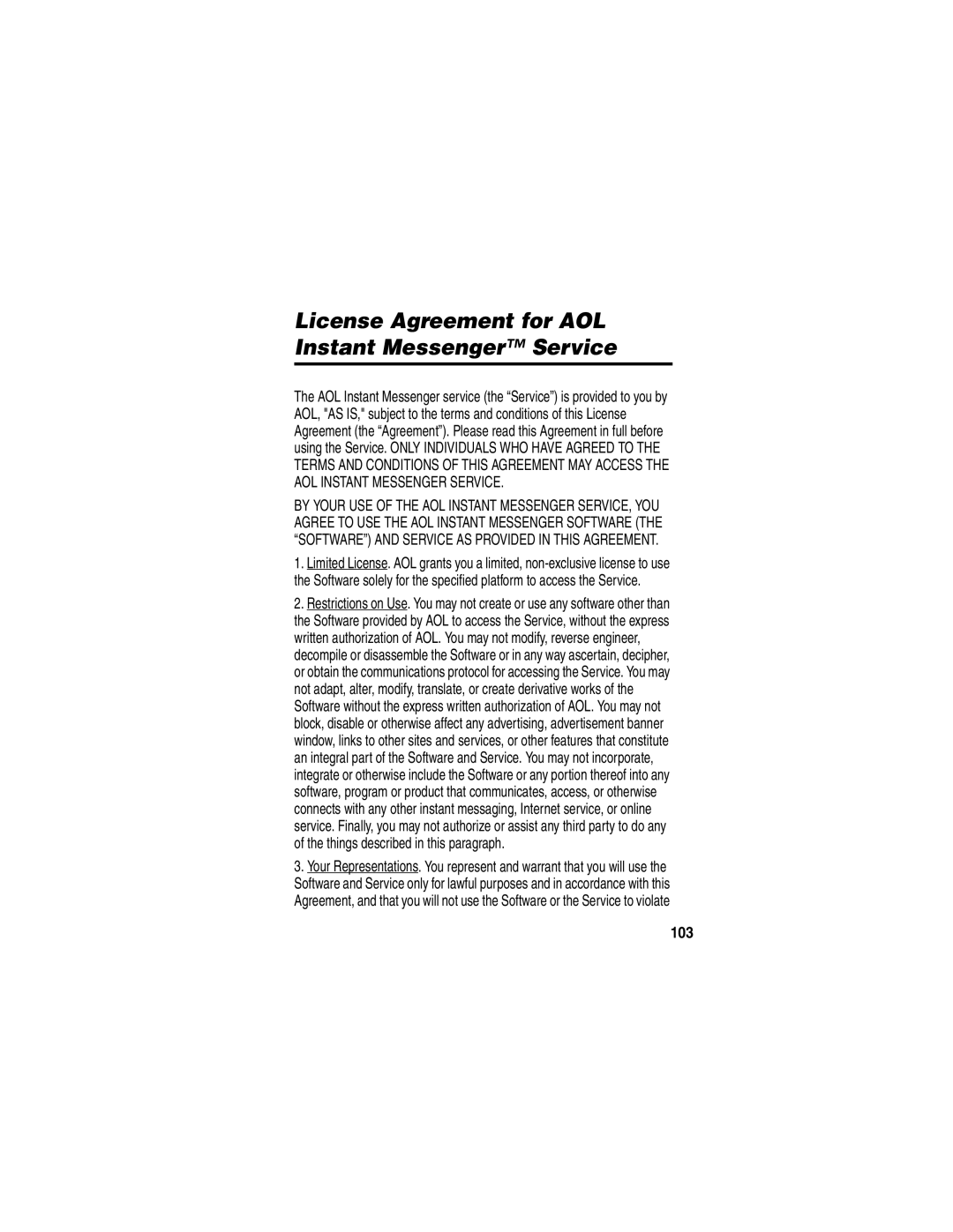 Motorola WIRELESS TELEPHONE manual License Agreement for AOL Instant Messenger Service, 103 