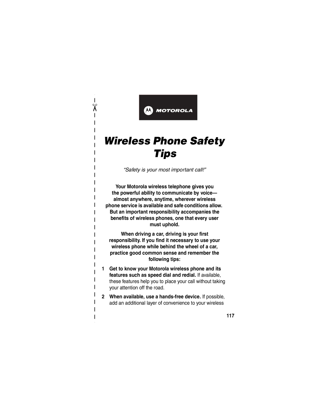 Motorola WIRELESS TELEPHONE manual Wireless Phone Safety Tips, 117 