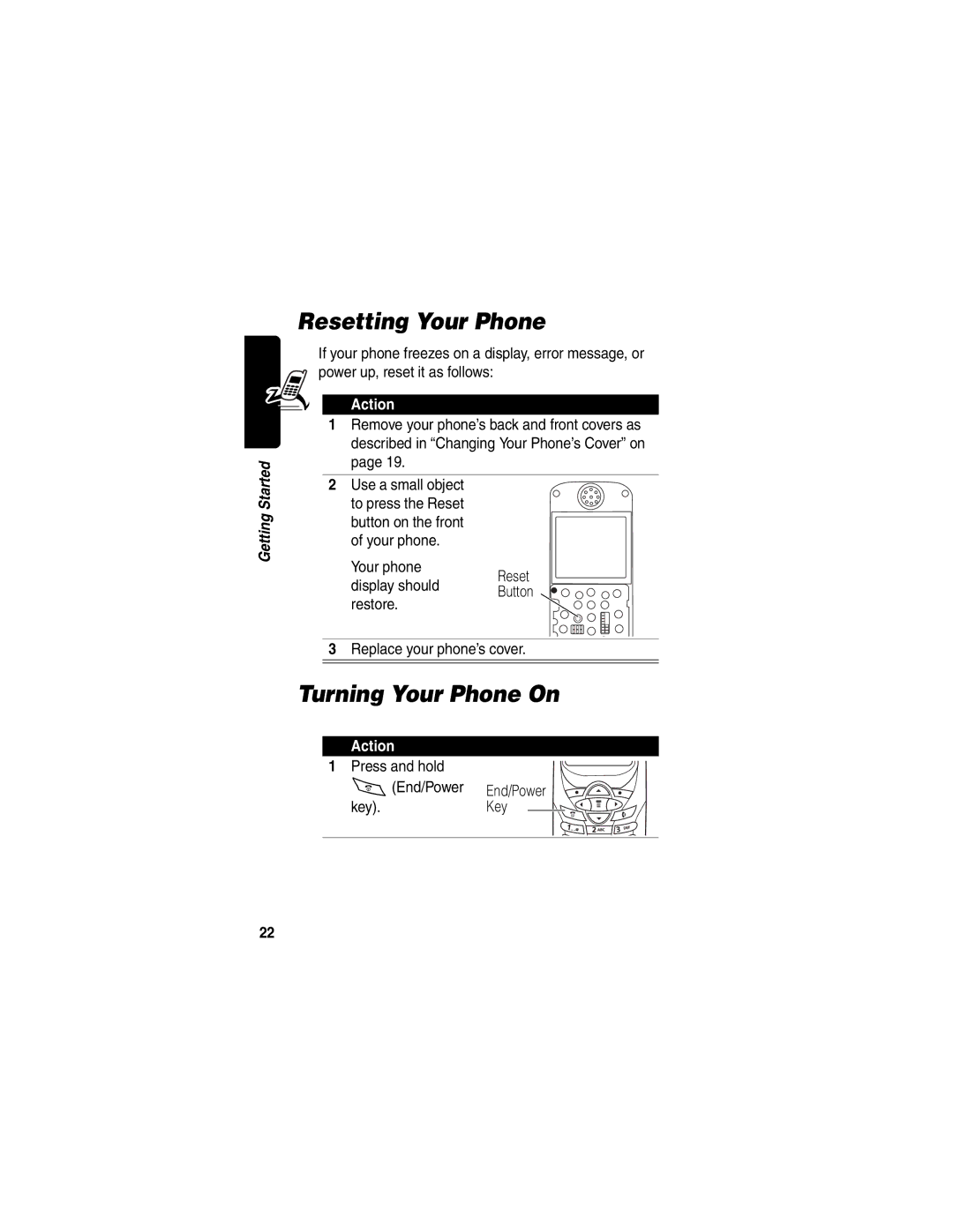 Motorola WIRELESS TELEPHONE manual Resetting Your Phone, Turning Your Phone On, Press and hold OEnd/Power Key 