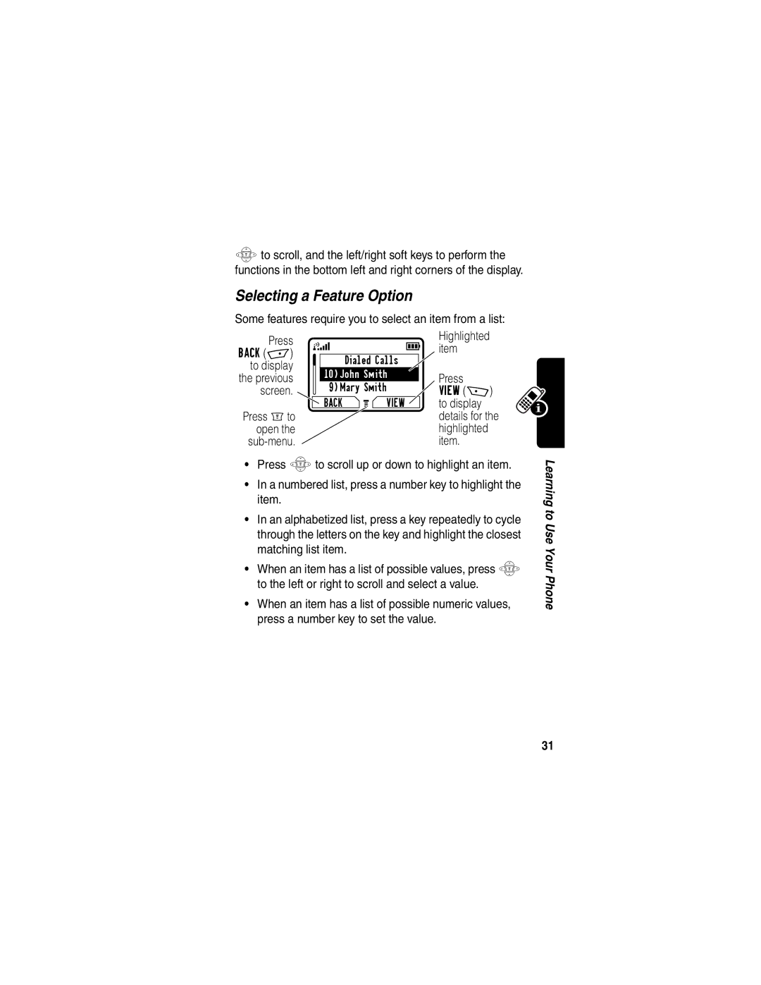 Motorola WIRELESS TELEPHONE manual Selecting a Feature Option, Screen, Press Mto 