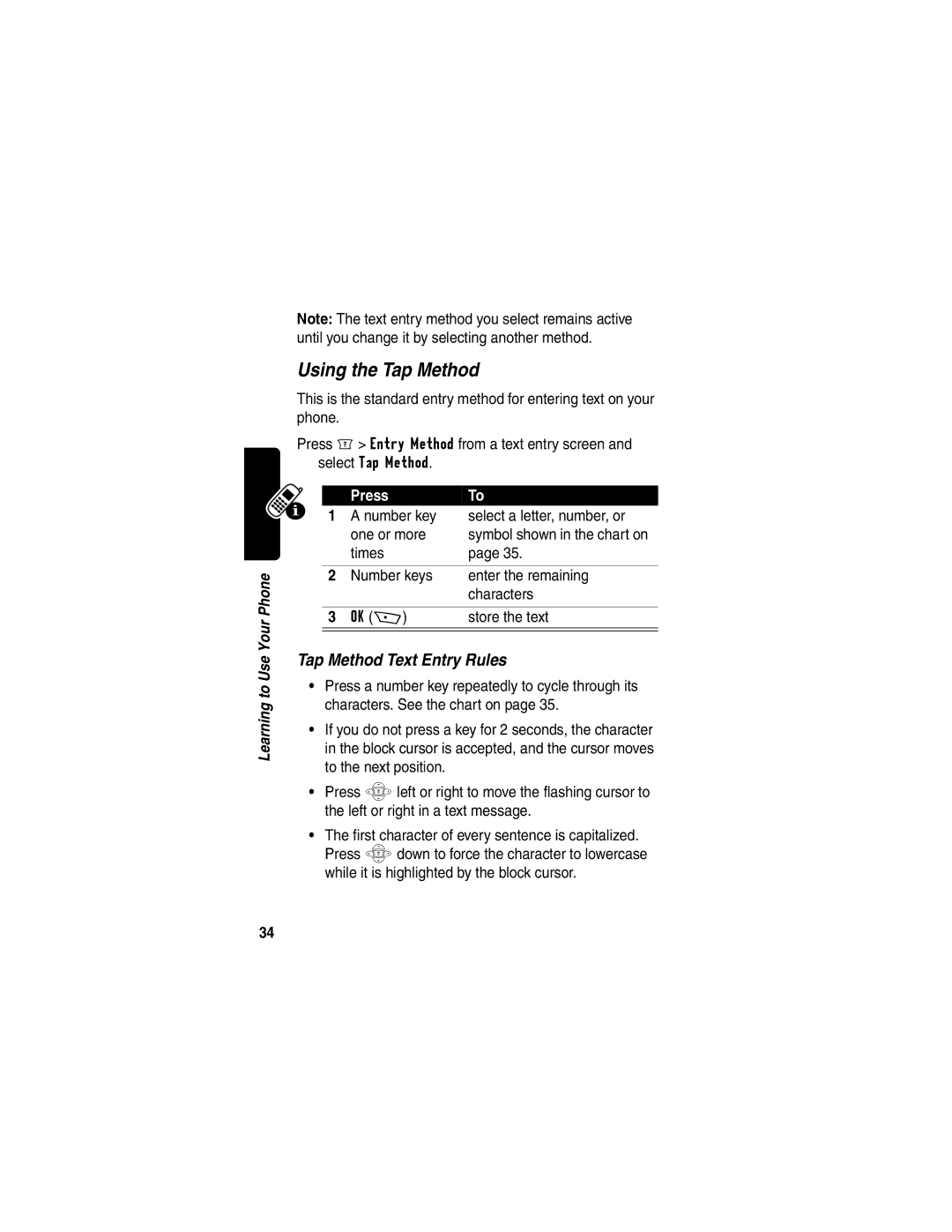 Motorola WIRELESS TELEPHONE manual Using the Tap Method, Tap Method Text Entry Rules 