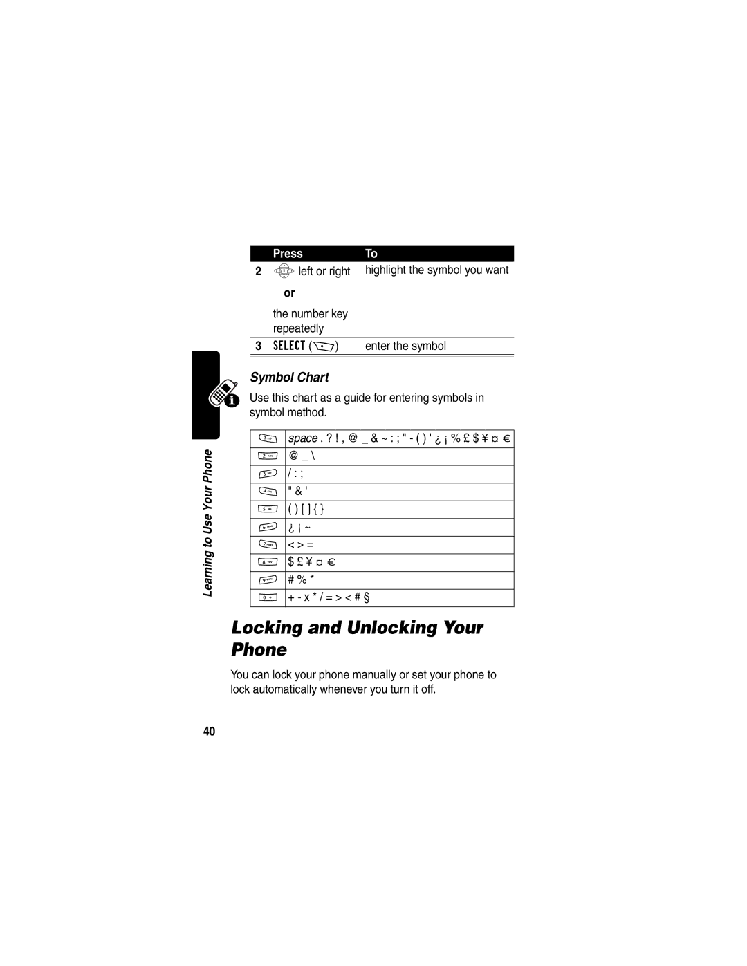 Motorola WIRELESS TELEPHONE manual Locking and Unlocking Your Phone, Symbol Chart 