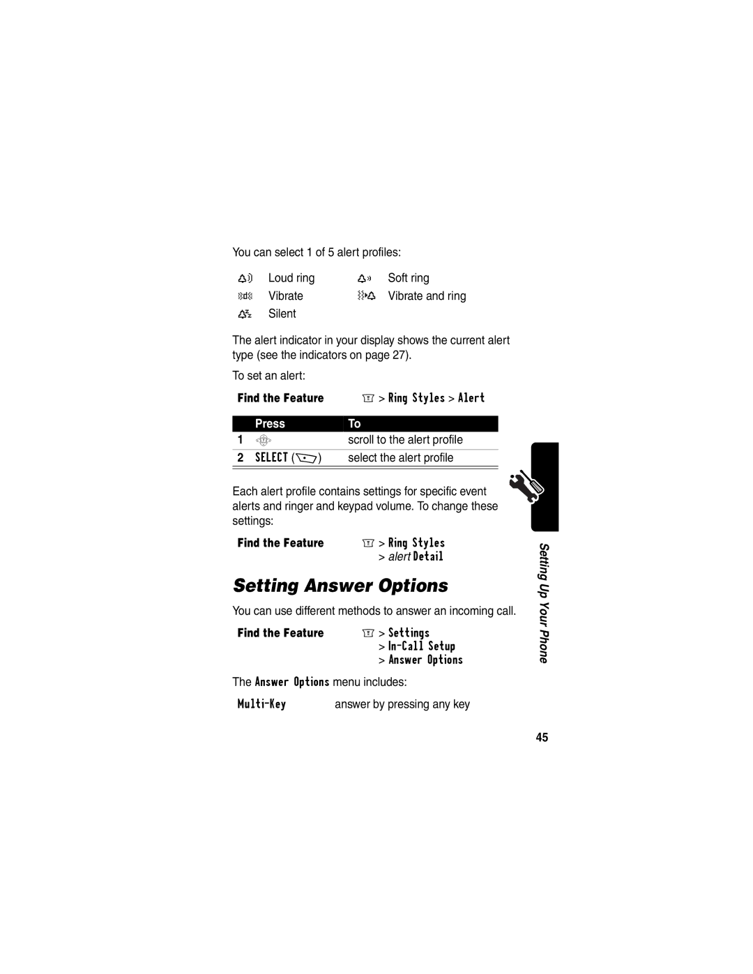 Motorola WIRELESS TELEPHONE manual Setting Answer Options, Scroll to the alert profile, Select the alert profile 