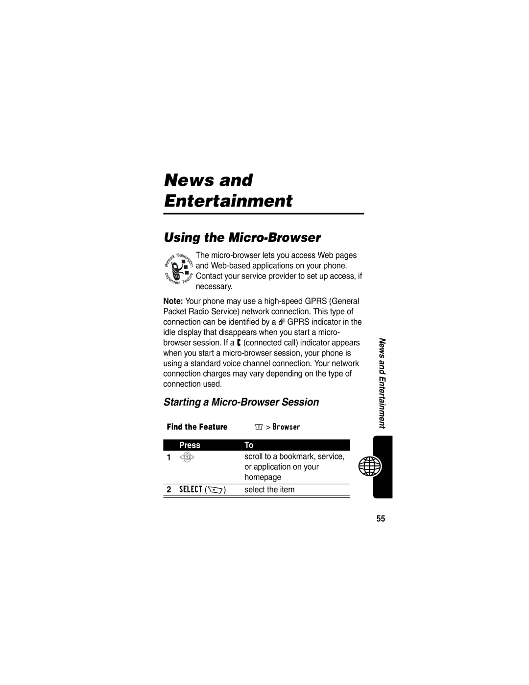 Motorola WIRELESS TELEPHONE manual News Entertainment, Using the Micro-Browser, Starting a Micro-Browser Session 