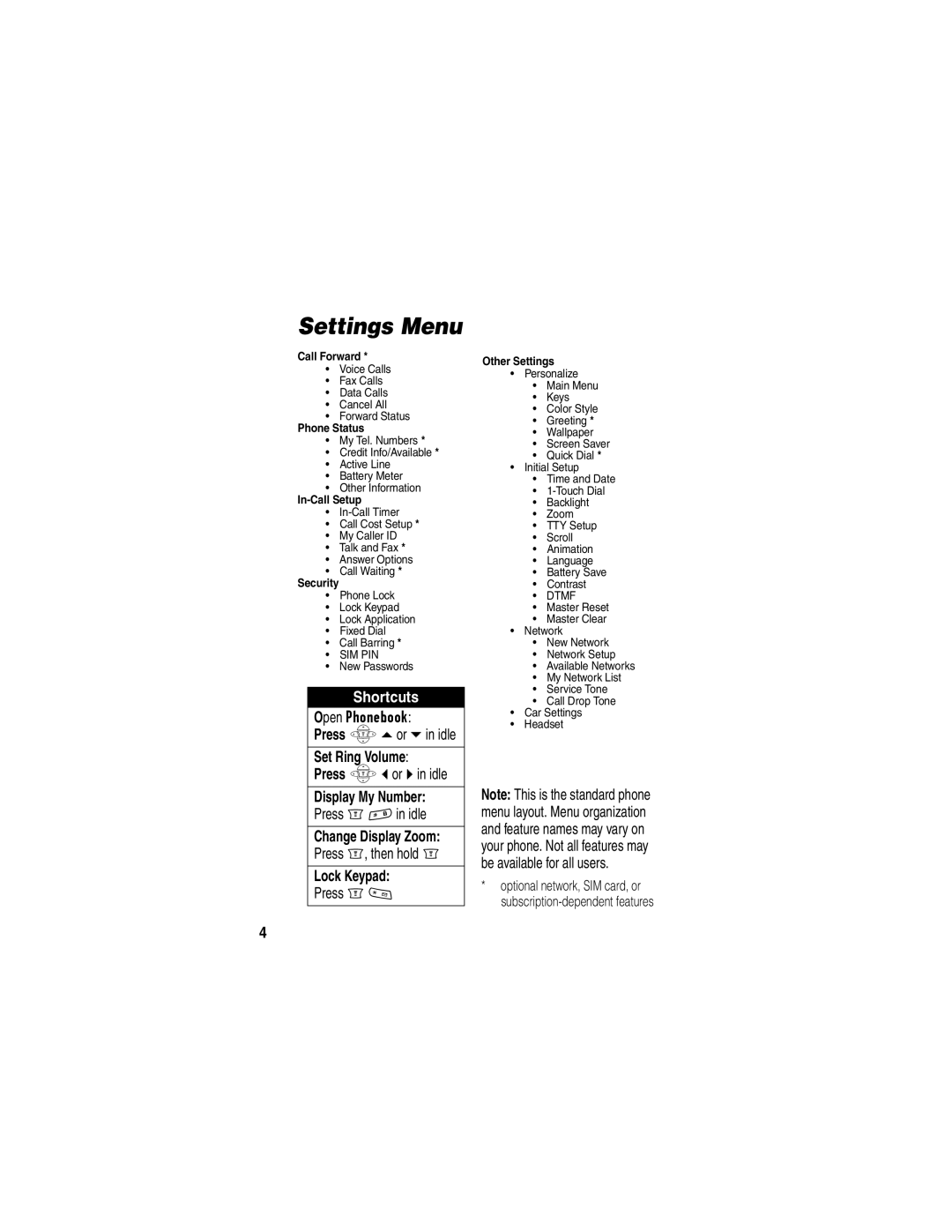 Motorola WIRELESS TELEPHONE manual Settings Menu, Shortcuts, Display My Number, Change Display Zoom, Lock Keypad 