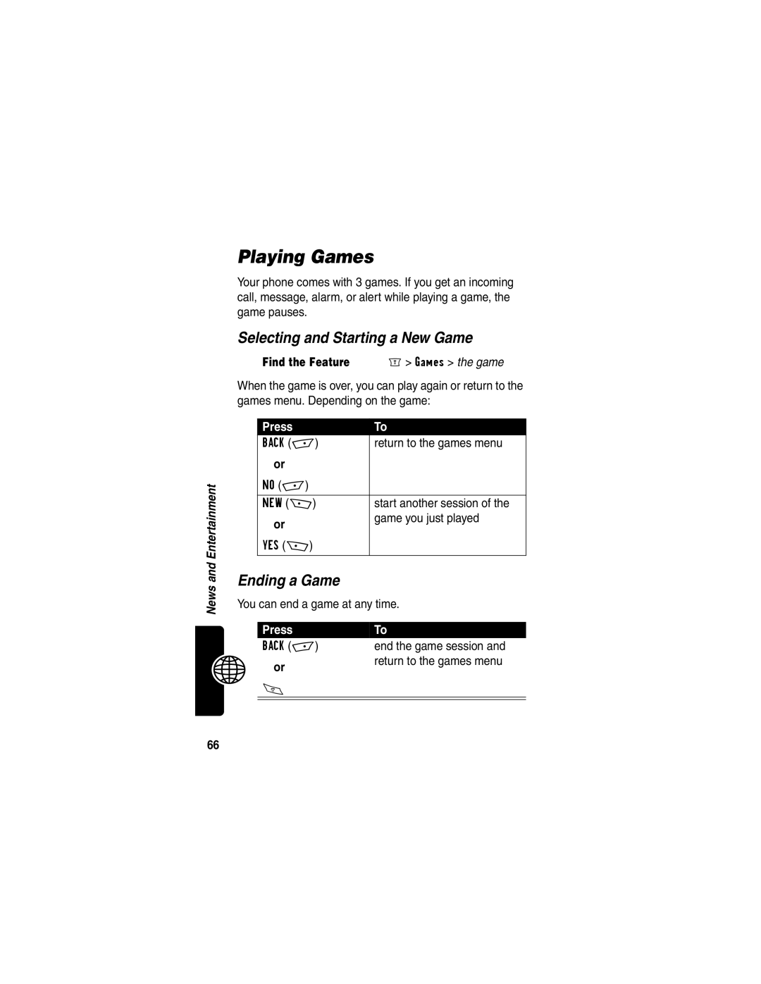 Motorola WIRELESS TELEPHONE manual Playing Games, Selecting and Starting a New Game, Ending a Game 