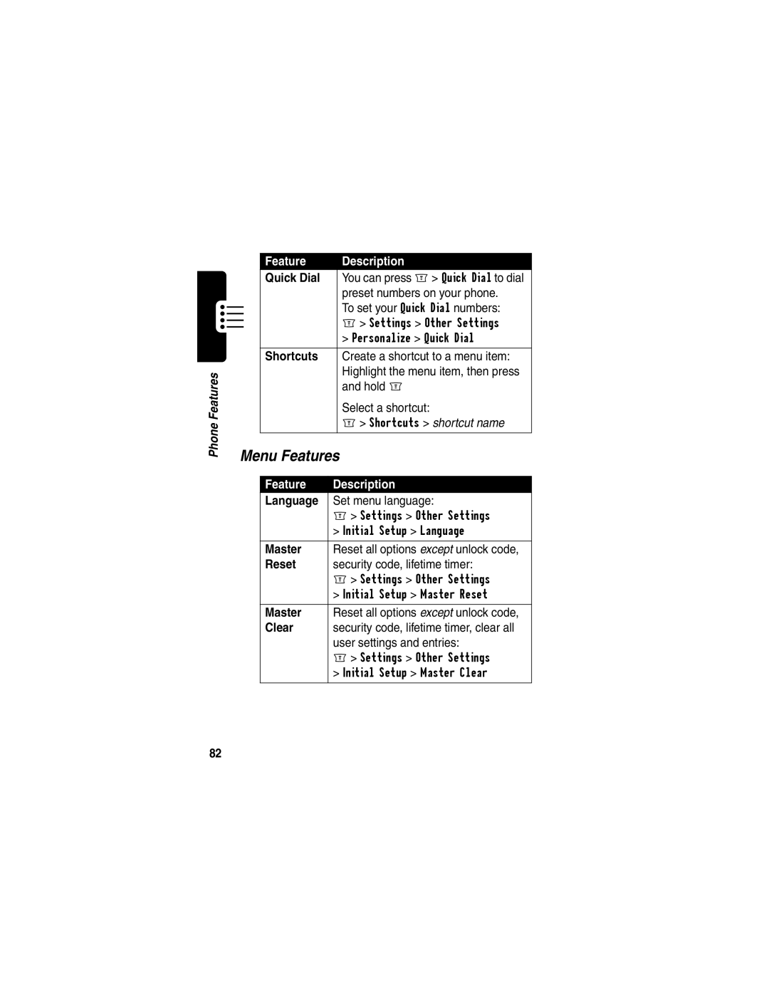 Motorola WIRELESS TELEPHONE manual Menu Features 