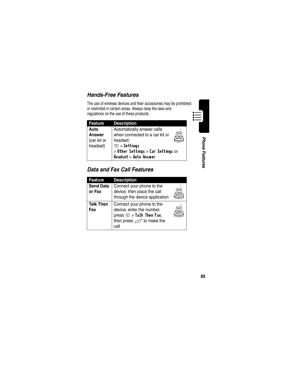 Motorola WIRELESS TELEPHONE manual Hands-Free Features, Data and Fax Call Features 