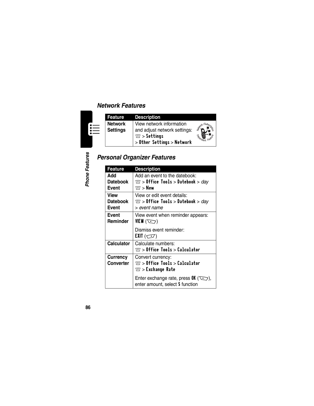 Motorola WIRELESS TELEPHONE manual Network Features, Personal Organizer Features 