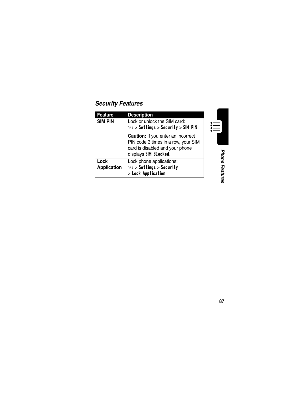 Motorola WIRELESS TELEPHONE manual Security Features, Lock, Application 