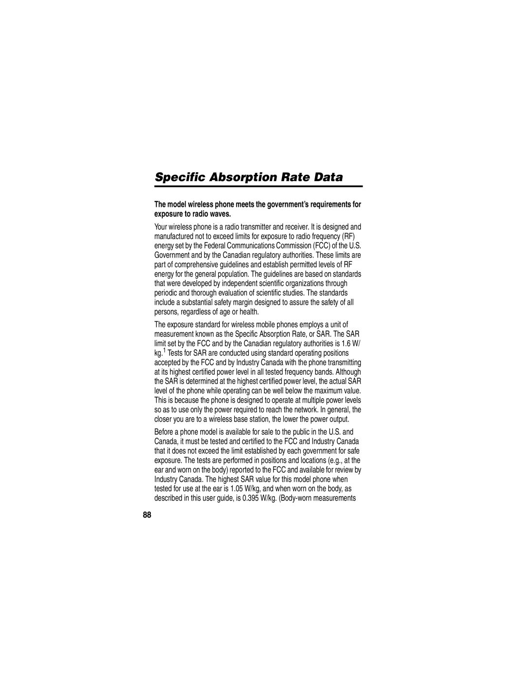 Motorola WIRELESS TELEPHONE manual Specific Absorption Rate Data 