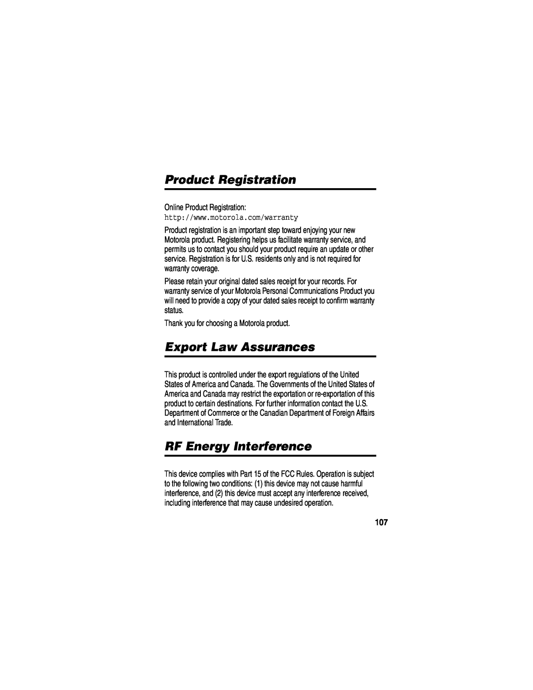 Motorola WIRELESS TELEPHONE manual Product Registration, Export Law Assurances, RF Energy Interference 