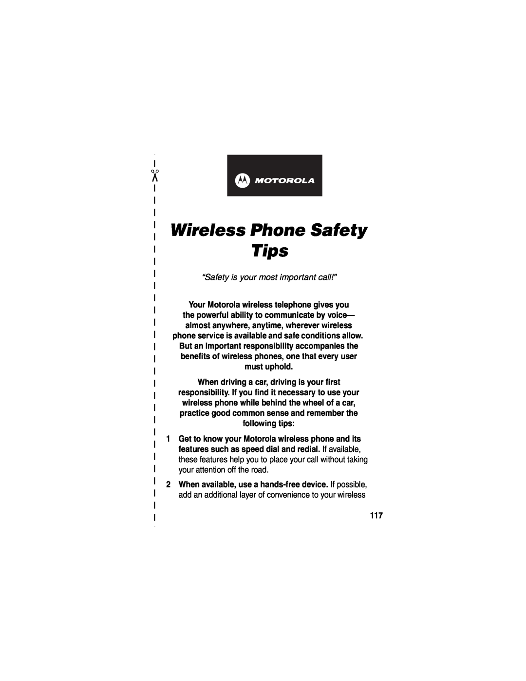 Motorola WIRELESS TELEPHONE manual Wireless Phone Safety Tips, “Safety is your most important call!” 