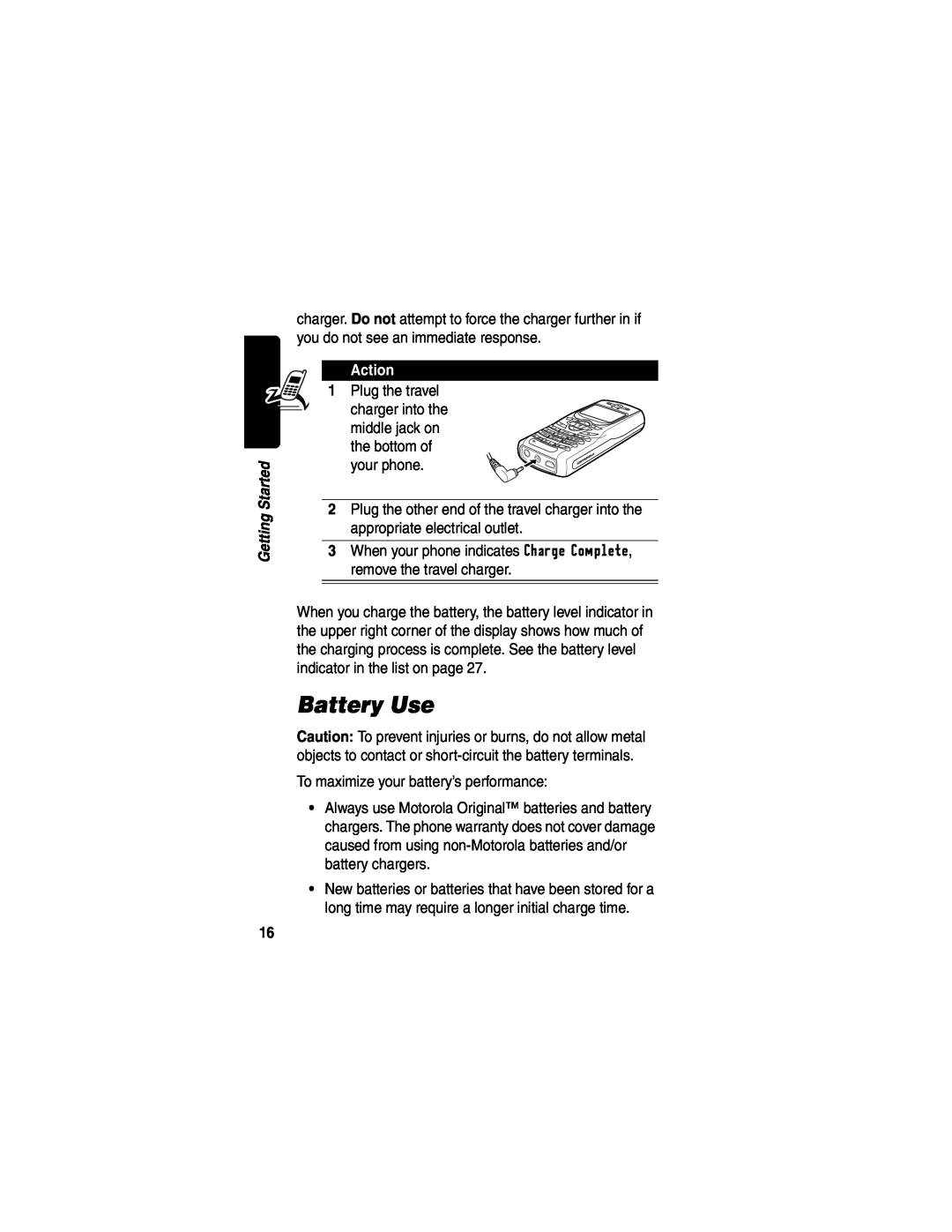 Motorola WIRELESS TELEPHONE manual Battery Use, Action 
