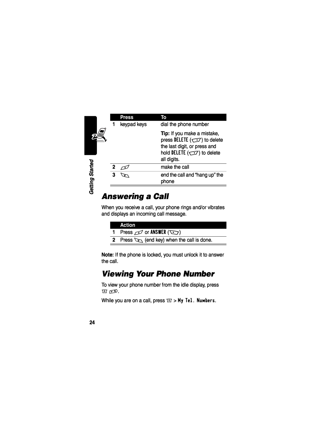 Motorola WIRELESS TELEPHONE manual Answering a Call, Viewing Your Phone Number, Press, Action 
