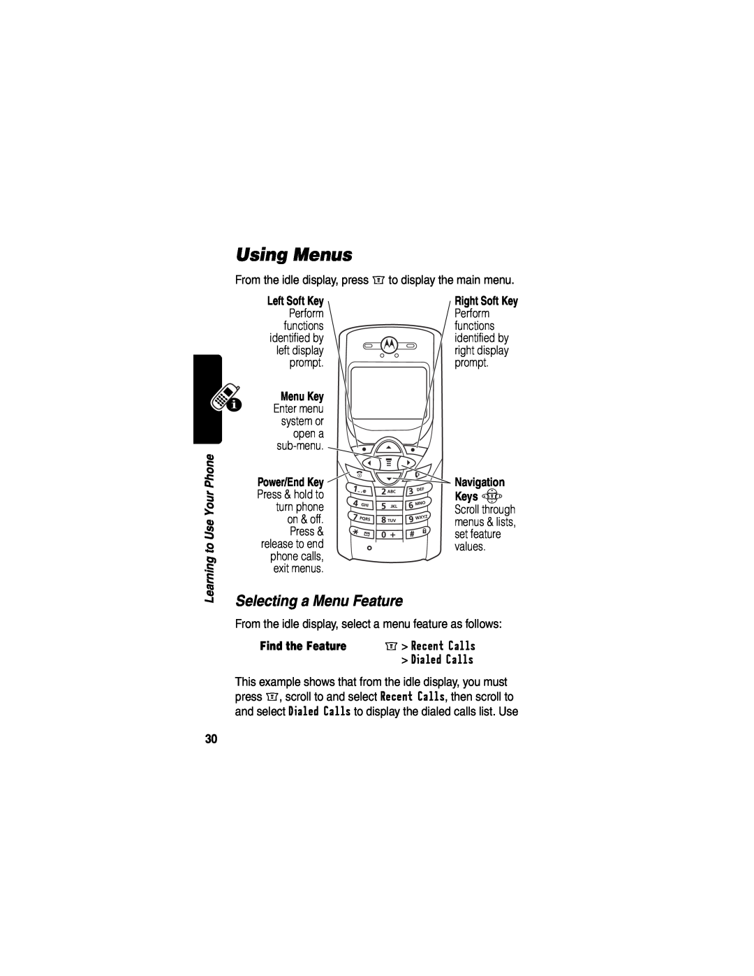 Motorola WIRELESS TELEPHONE manual Using Menus, Selecting a Menu Feature 