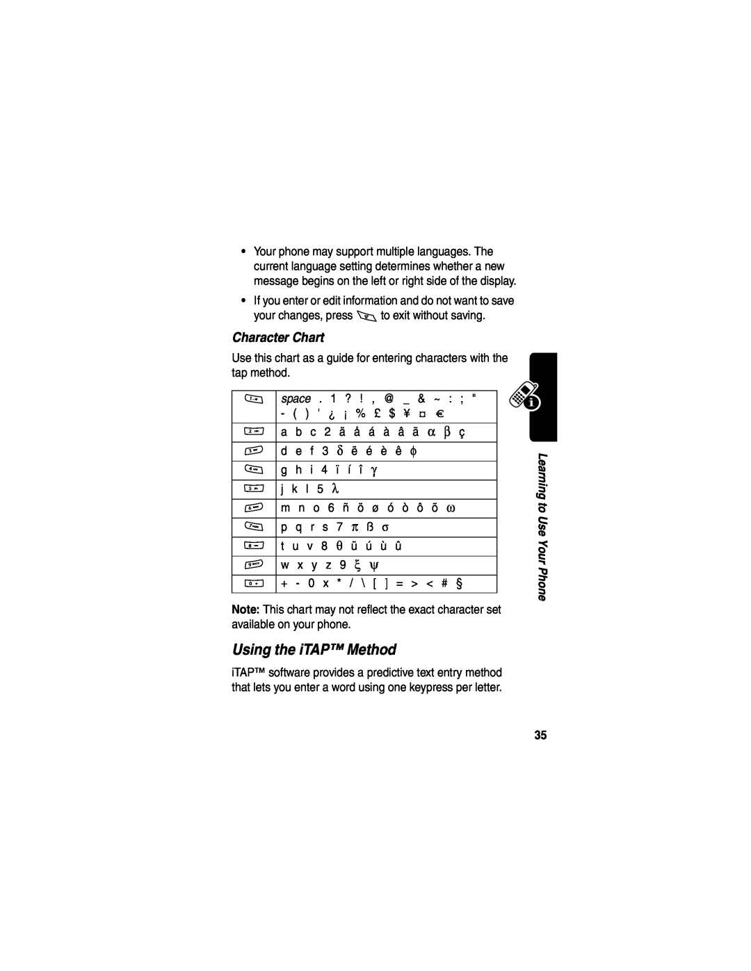Motorola WIRELESS TELEPHONE manual Using the iTAP Method, Character Chart 