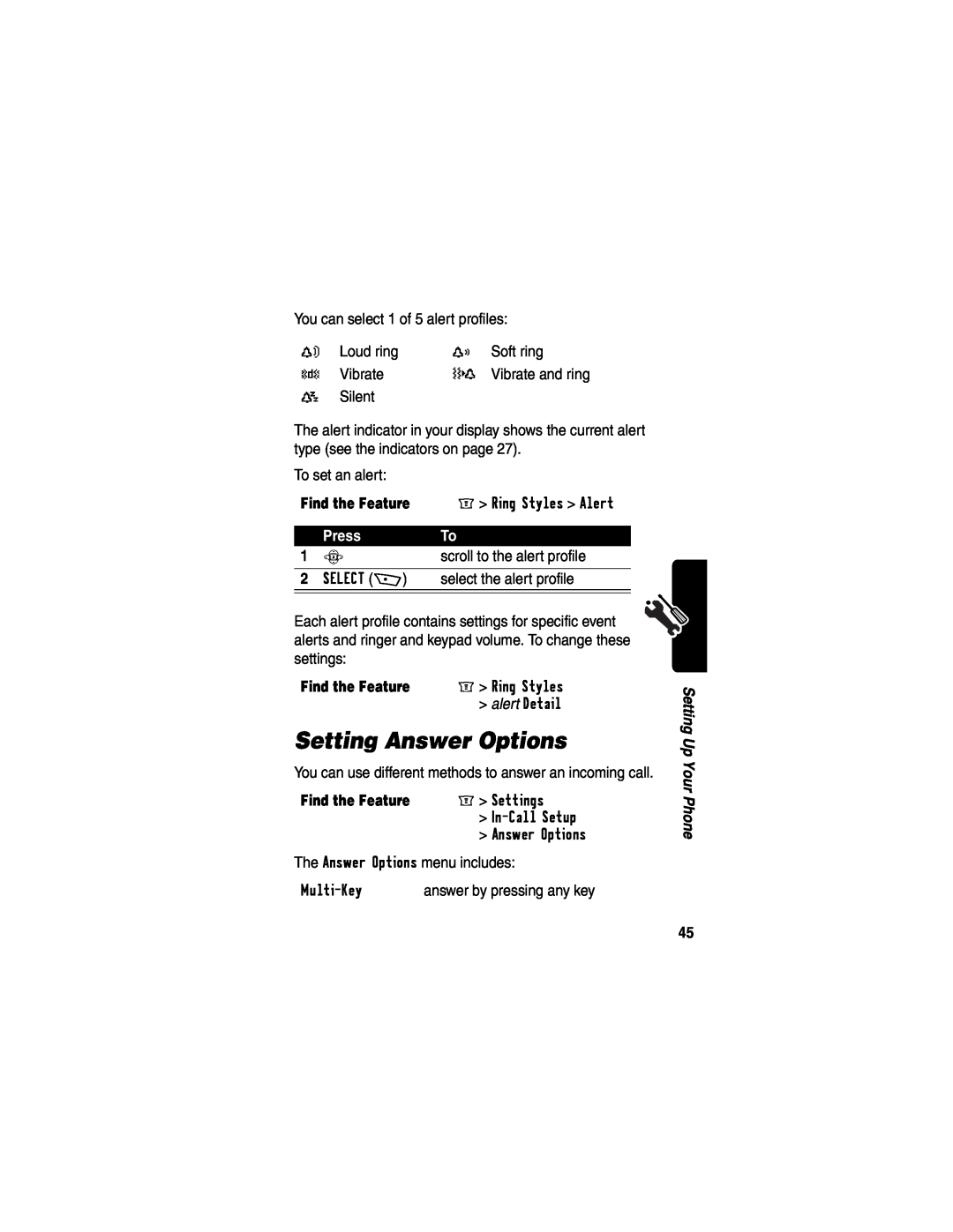 Motorola WIRELESS TELEPHONE manual Setting Answer Options, Find the Feature, Press 