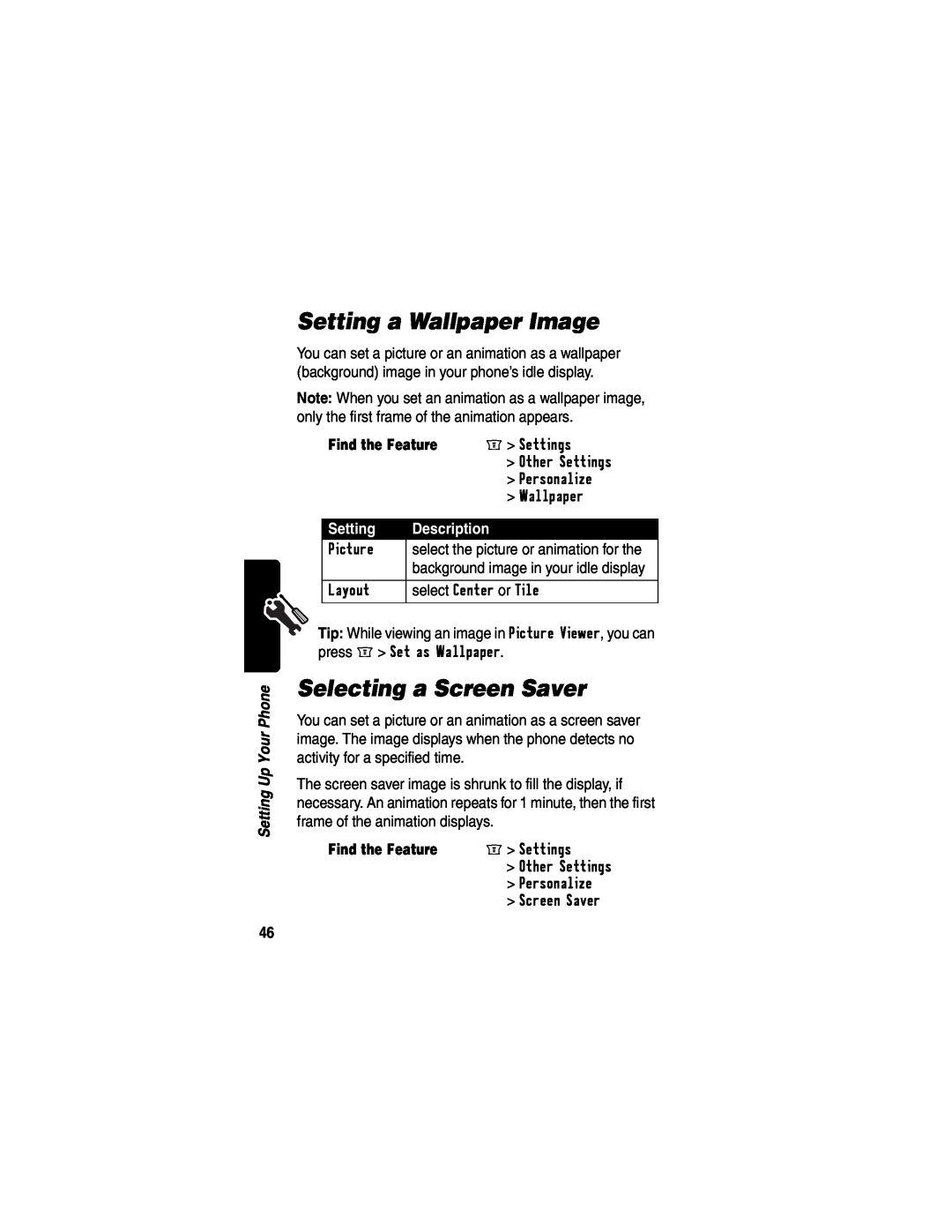 Motorola WIRELESS TELEPHONE manual Setting a Wallpaper Image, Selecting a Screen Saver, Description, Find the Feature 