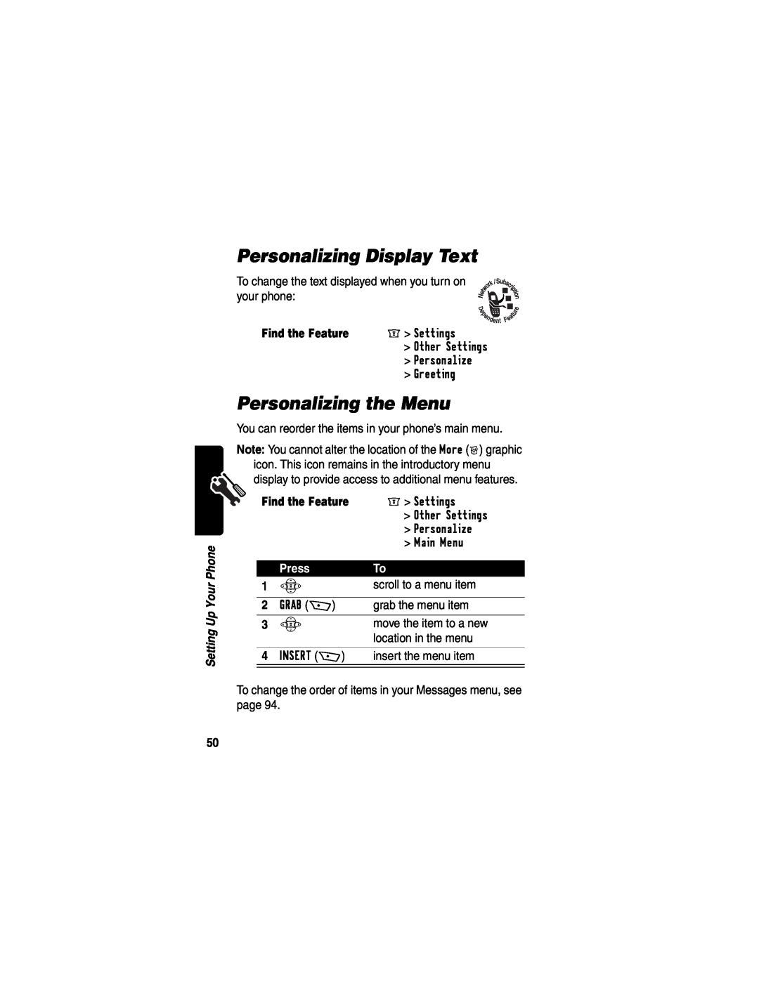 Motorola WIRELESS TELEPHONE manual Personalizing Display Text, Personalizing the Menu, Find the Feature, Press 