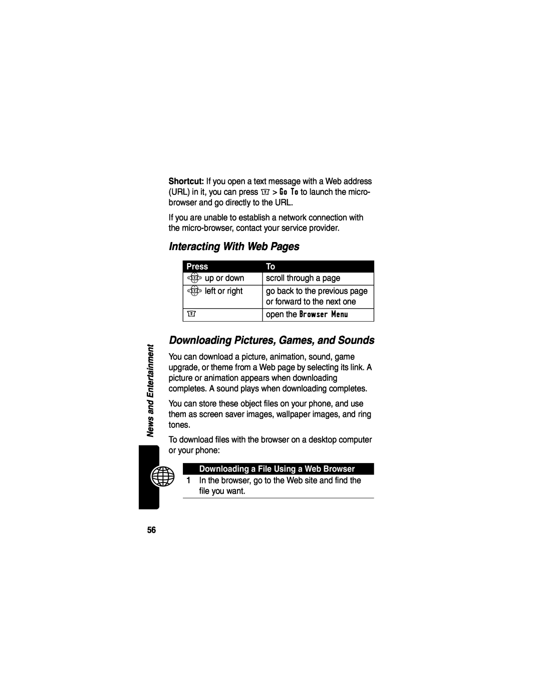 Motorola WIRELESS TELEPHONE manual Interacting With Web Pages, Downloading Pictures, Games, and Sounds, Press 