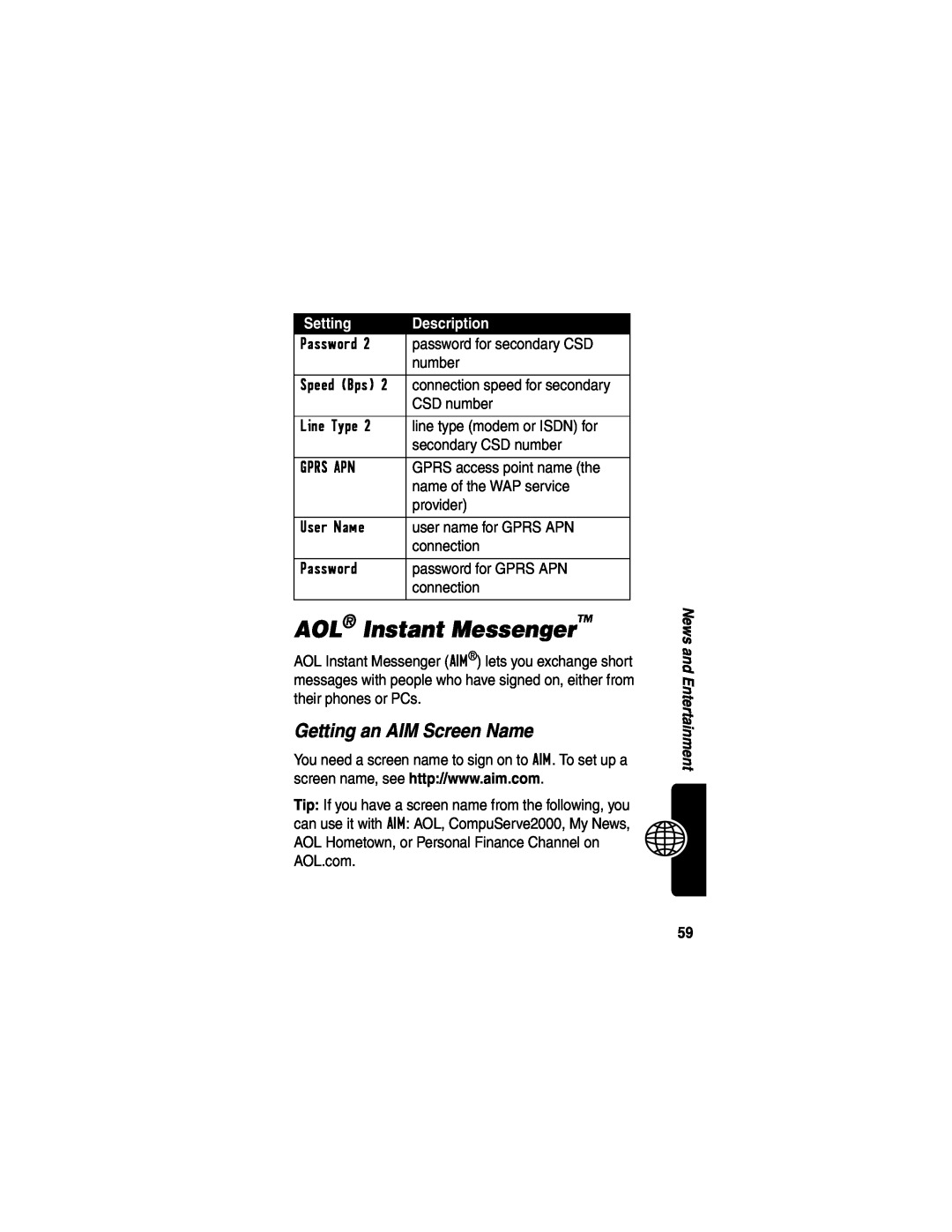 Motorola WIRELESS TELEPHONE manual AOL Instant Messenger, Getting an AIM Screen Name, Setting, Description 