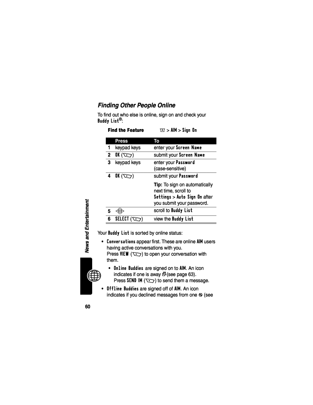 Motorola WIRELESS TELEPHONE manual Finding Other People Online, Find the Feature, Press 