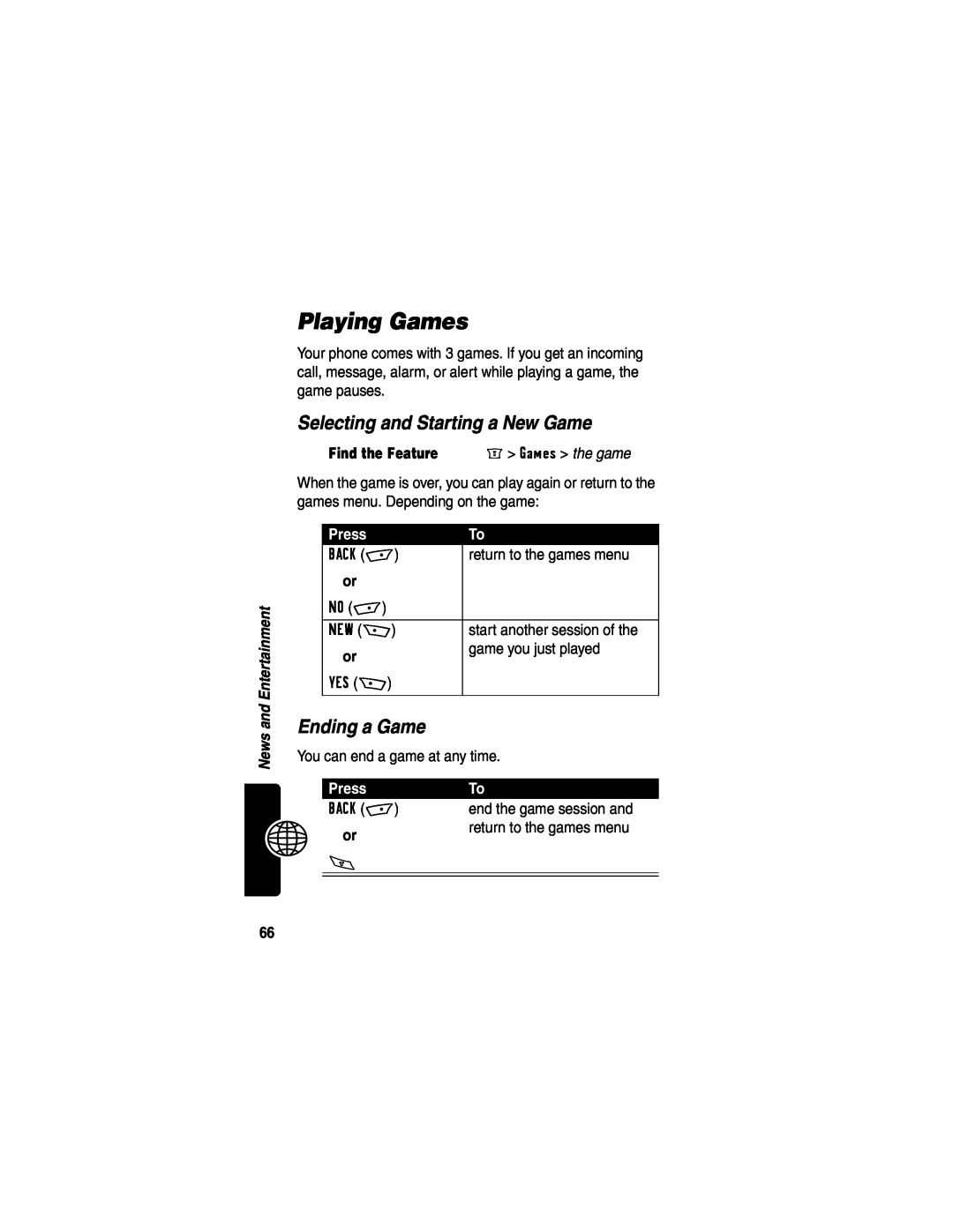 Motorola WIRELESS TELEPHONE manual Playing Games, Selecting and Starting a New Game, Ending a Game, Press 