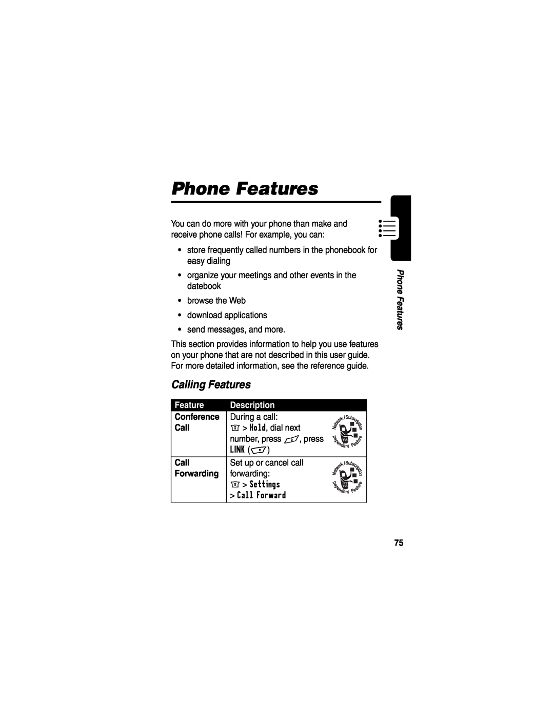 Motorola WIRELESS TELEPHONE manual Phone Features, Calling Features, Description 
