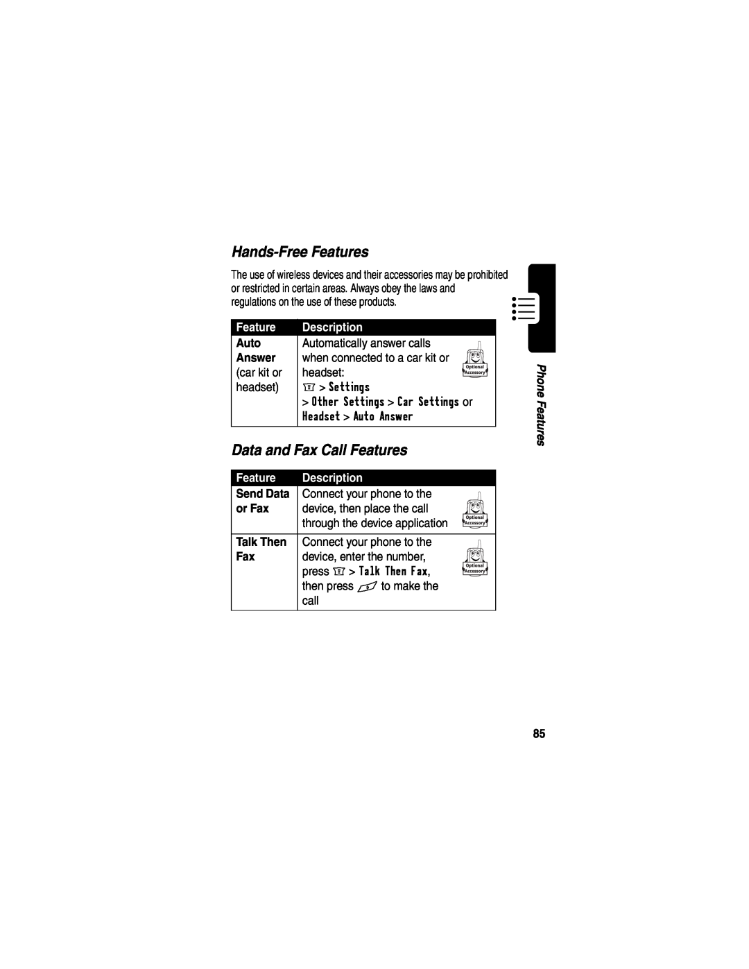 Motorola WIRELESS TELEPHONE manual Hands-FreeFeatures, Data and Fax Call Features, Description 