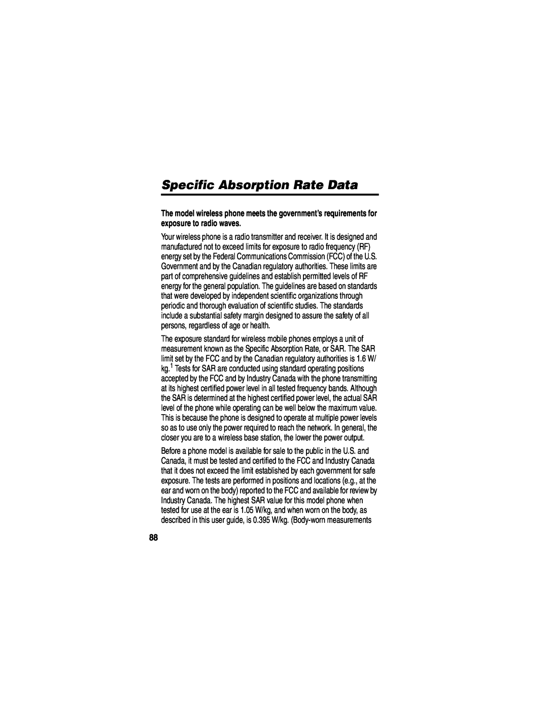 Motorola WIRELESS TELEPHONE manual Specific Absorption Rate Data 