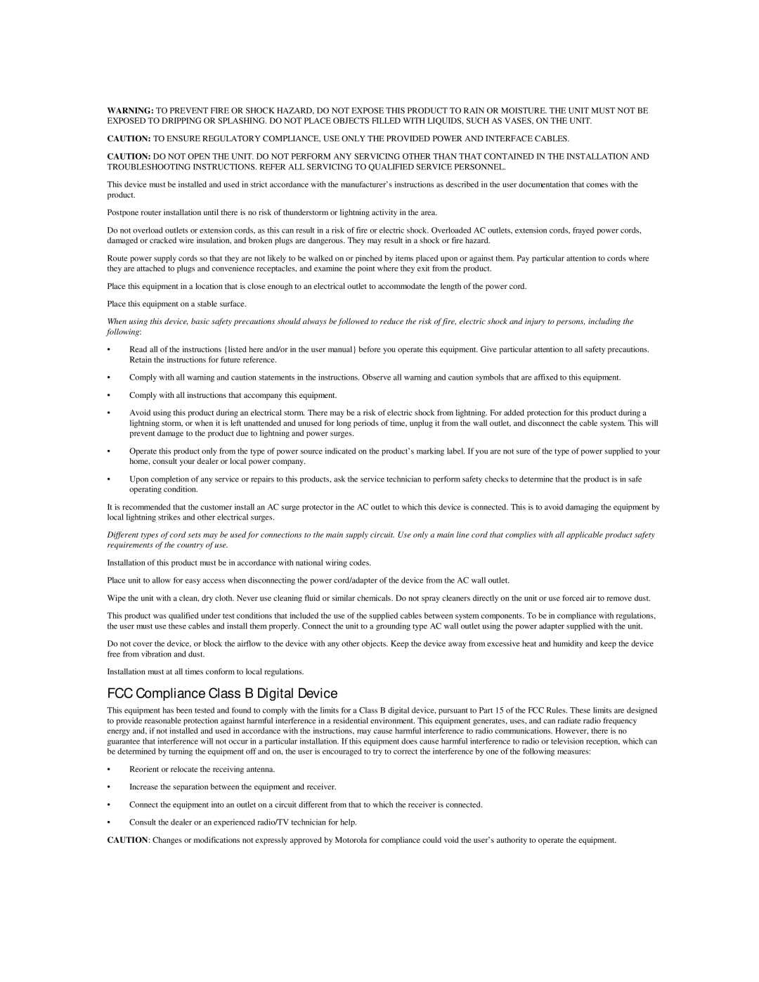 Motorola WN825G manual FCC Compliance Class B Digital Device 